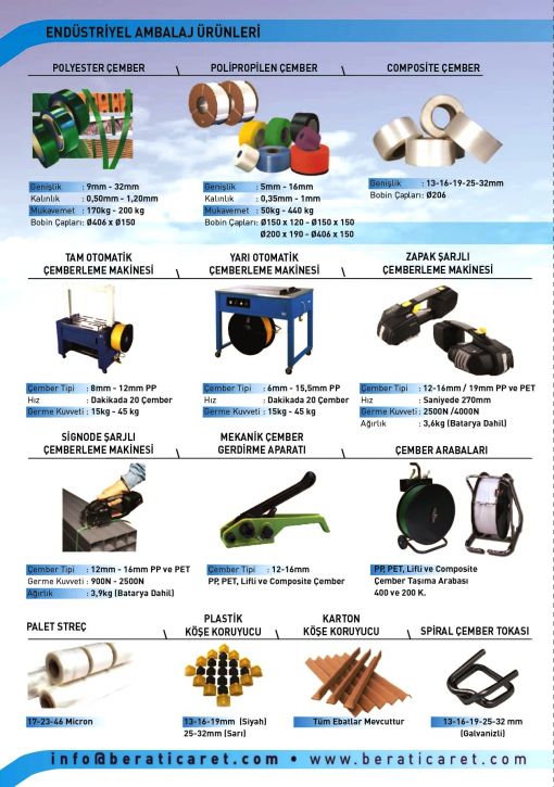 Ürün Kataloğu - Bera Ticaret Çemberleme Makinası, Akülü Çemberleme Makinası, PP Çember, Pet Çember, Kompozit Çember, Ekmek Poşet Ağzı Bağlama Teli, Teknik Servis, Shrink Tabancası, C-ring Döşeme Kancası, Klips...